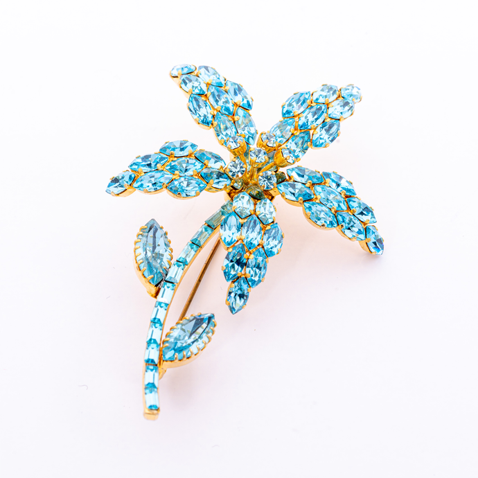 Blue Austrian Crystal Flower Brooch