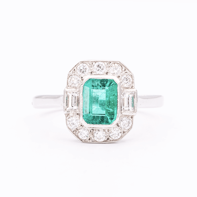 Emerald Diamond Cluster Ring White Gold