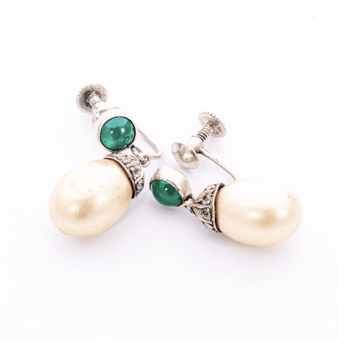 Diamond and Emerald, Synthetic Pearl Drop Earrings in Silver 